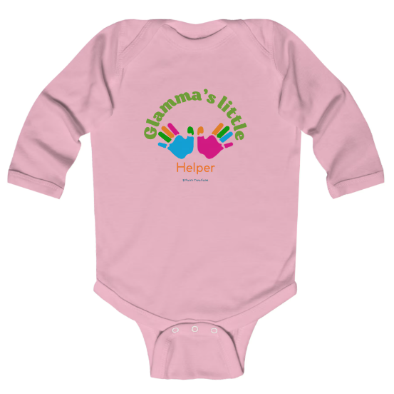 This Baby clothes Infant Long Sleeve Bodysuit with the design 'Glammas Little Helper' exudes a fun and adorable vibe, perfect for stylish little ones. It is a great gift for grandparents or anyone who loves being a grandma. Ideal for baby showers, birthdays, and family gatherings.
