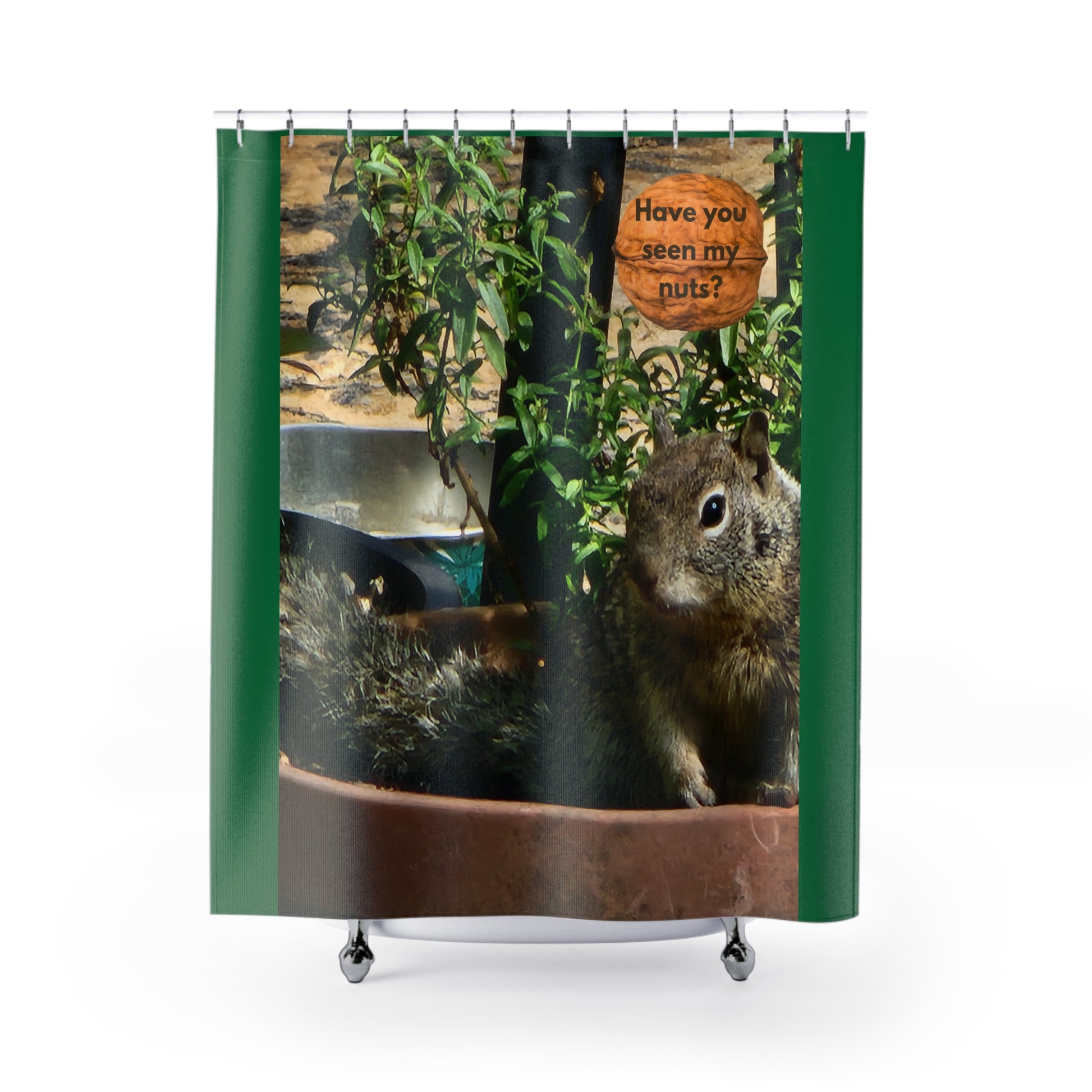 This whimsical shower curtain adds a touch of charm and humor to your bathroom decor. The playful squirrel asking, "Have you seen my nuts?" is sure to bring a smile to your face every time you step into the shower.