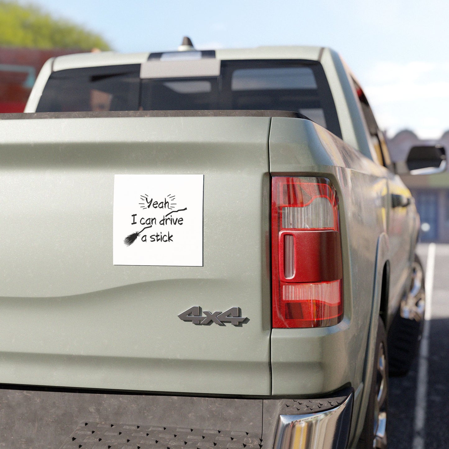 Spooky Car Sticker is perfect gift for any boo box. At the top, in bold, whimsical font, it reads: Yeah I Can Drive Stick! Below this text, there's an image of a classic witch's broomstick, complete with a few magical sparkles around it. 