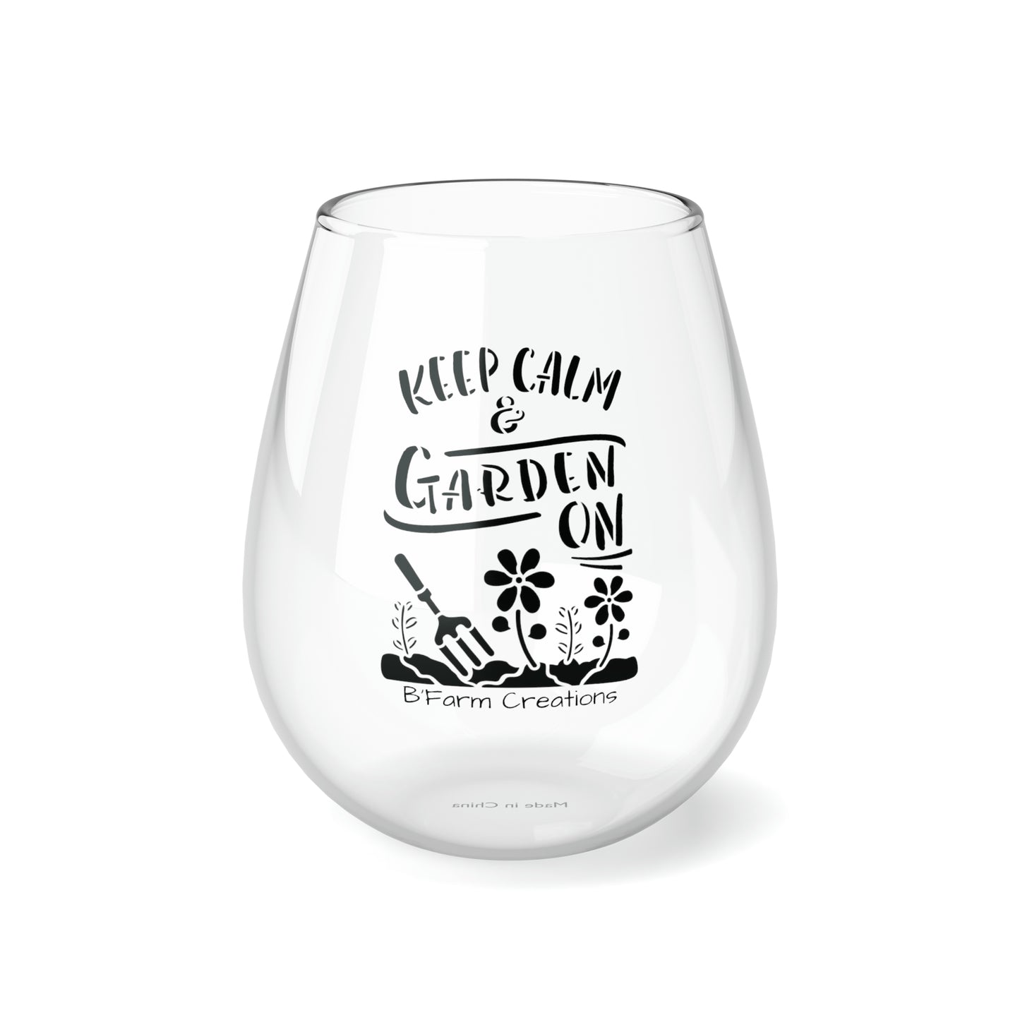 Keep Calm and Garden on Stemless Wine Glass