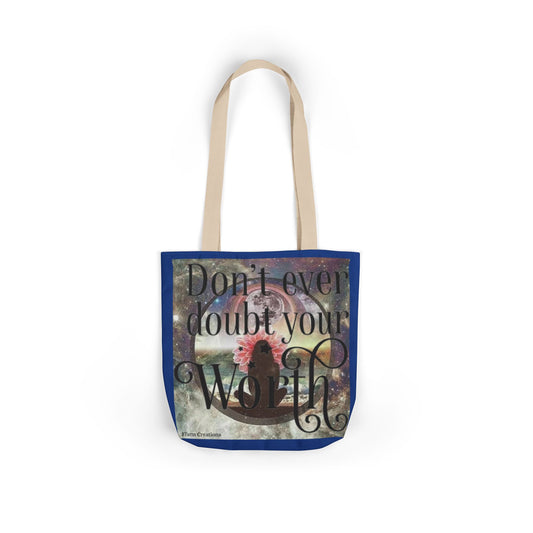 This reusable tote Bag features the inspirational message Don’t Ever Doubt Your Worth. Made from 100% polyester canvas with a fine weave texture fabric and foamed lining for softness and comfort. The vibrant colors and all over print make this bag stand out. Perfect for those who need a daily reminder of their value and self-worth. Ideal for carrying books, groceries, or daily essentials. Great for gifting on birthdays, Mother's Day, or as a graduation gift.