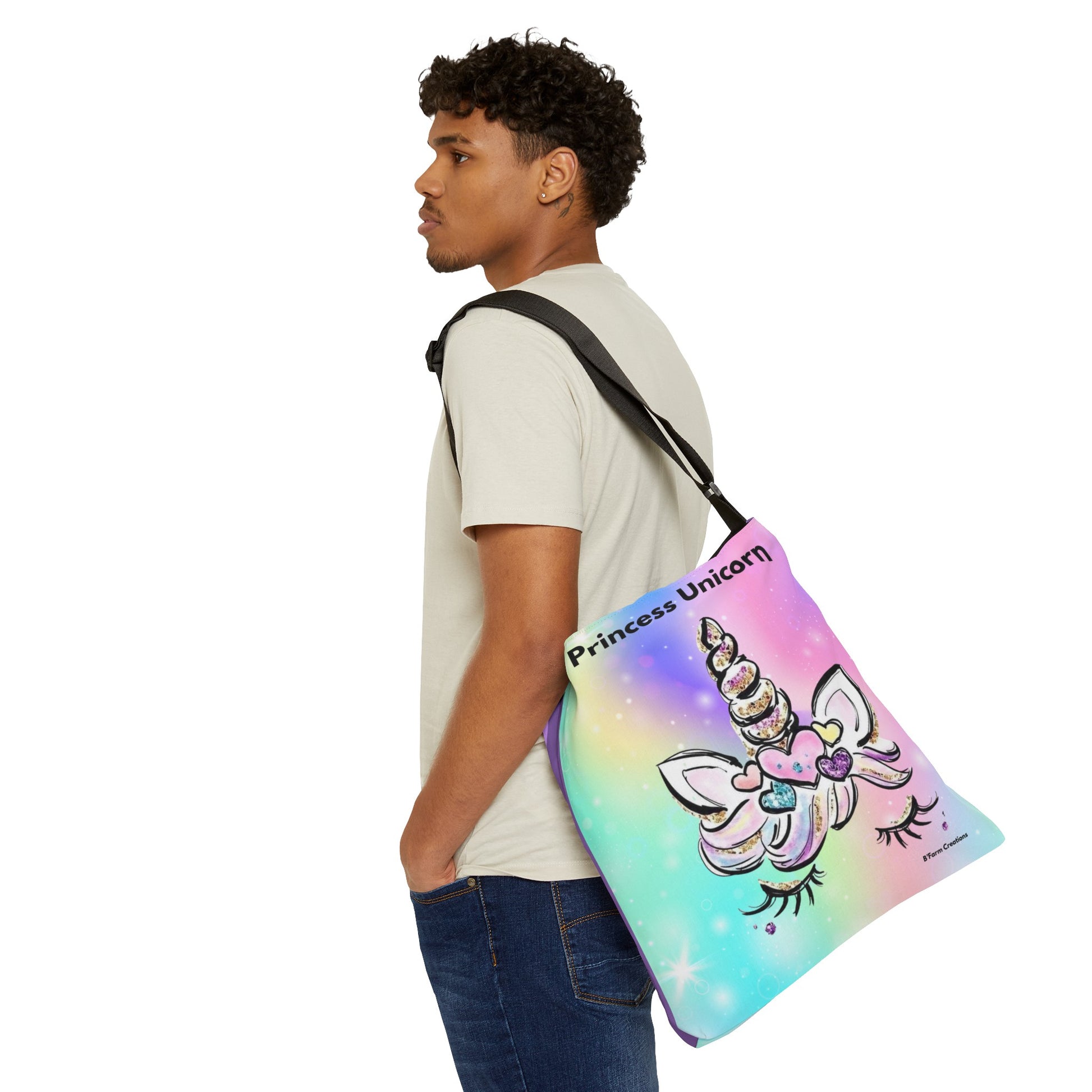 The Adjustable Tote Bag: Princess Unicorn is the perfect accessory for anyone who loves a touch of magic and whimsy in their style. With its vibrant colors and charming unicorn design, this tote bag is sure to make a statement wherever you go. 