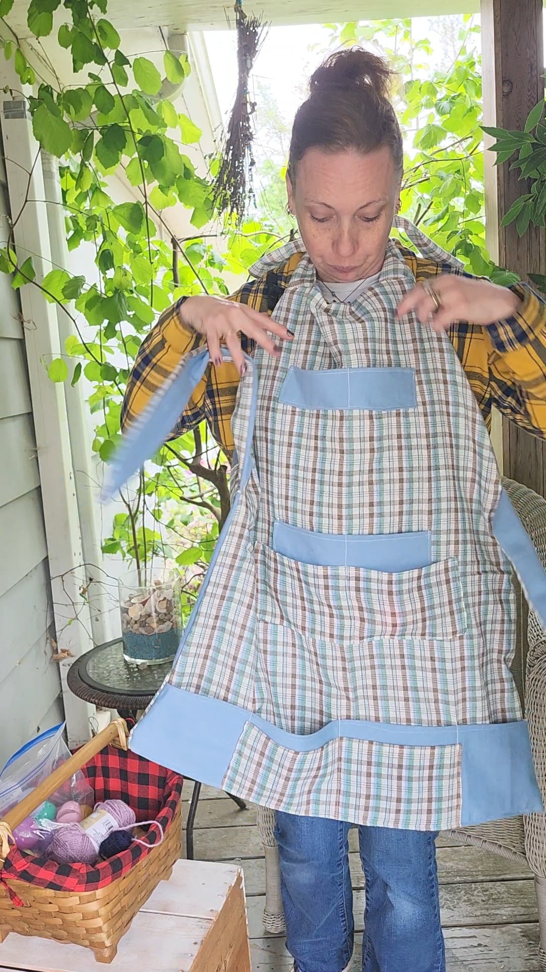 Handmade Apron - Reversible Versatile Apron Eggpron Blue & White Plaid Design