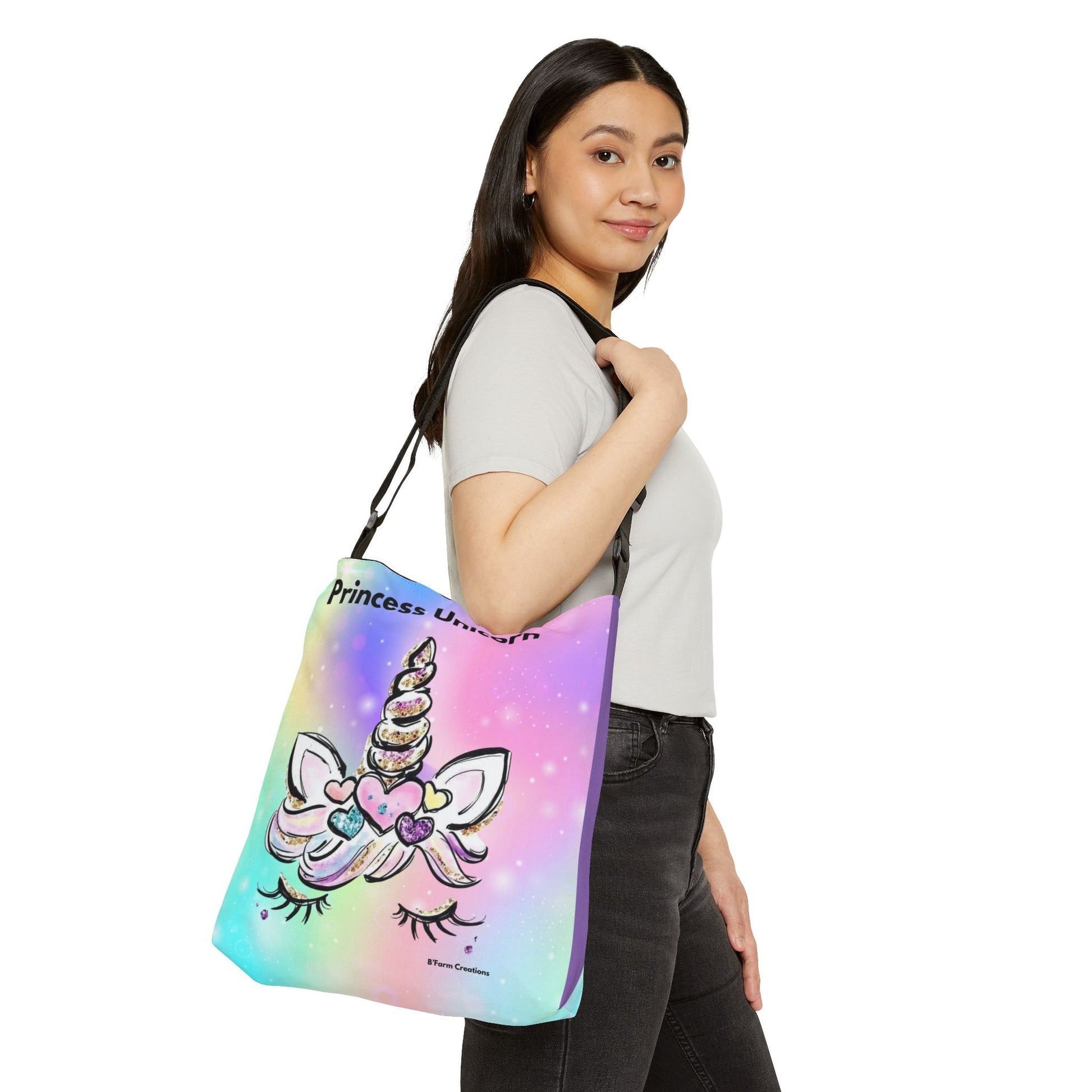Step into a soft, dreamy world of pastel magic with this Princess Unicorn Crossbody Bag. Designed with a whimsical rainbow background and an adorable unicorn face, this bag brings a touch of sparkle and imagination to everyday life.