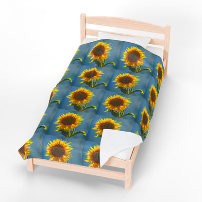 Bring a burst of sunshine into your space with this vibrant sunflower-themed throw blanket! Featuring bold, blooming sunflowers on a calming blue background, this cozy blanket adds warmth and cheerful charm to any bedroom, kid’s room, or living space. Perfect for snuggling on chilly nights or adding a pop of floral style to your home decor.