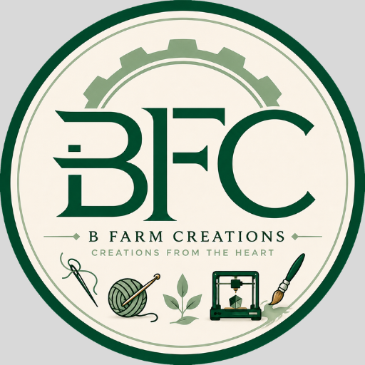 A circular logo for B Farm Creations featuring the letters 'BFC' in dark green, a gear at the top, and small craft-themed icons including a needle, yarn ball, crochet hook, plant sprig, 3D printer, and paintbrush at the bottom, all on a light cream background with a dark green border.