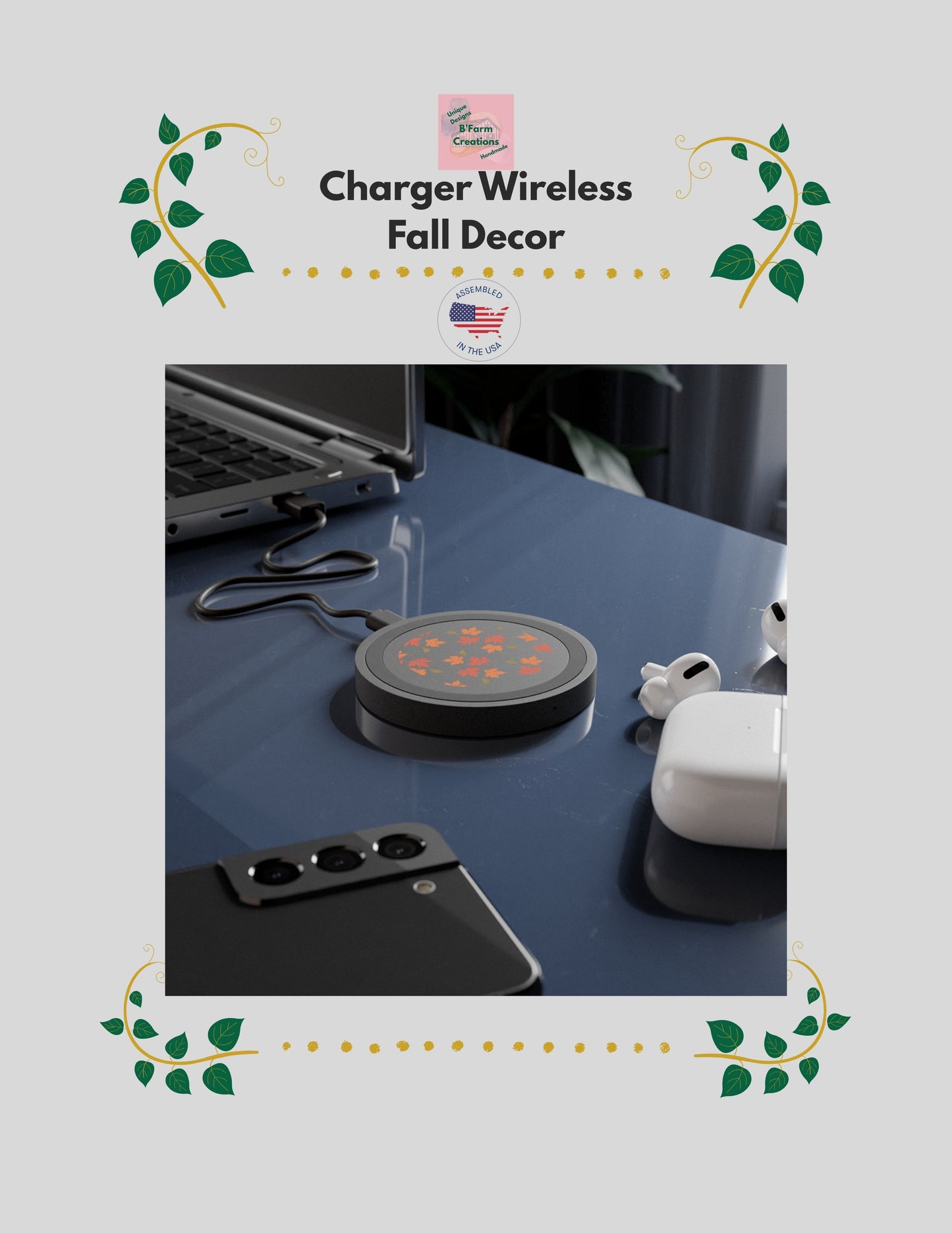 This wireless charger is perfect for electronics, it features a design of Fall Leaves falling, giving a cozy and warm vibe, perfect for the autumn season. It is ideal for those who love nature-inspired designs and want a convenient way to charge their smartphones wireless. Great for tech-savvy individuals or nature lovers celebrating the fall season.