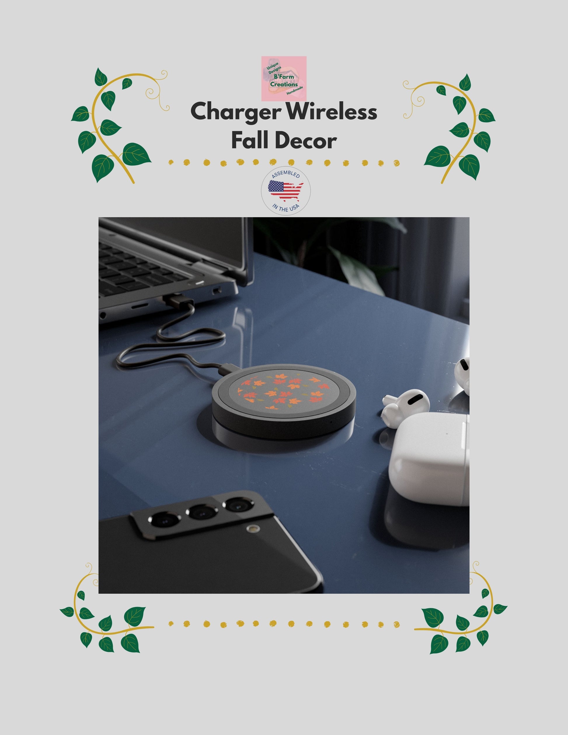 This wireless charger is perfect for electronics, it features a design of Fall Leaves falling, giving a cozy and warm vibe, perfect for the autumn season. It is ideal for those who love nature-inspired designs and want a convenient way to charge their smartphones wireless. Great for tech-savvy individuals or nature lovers celebrating the fall season.