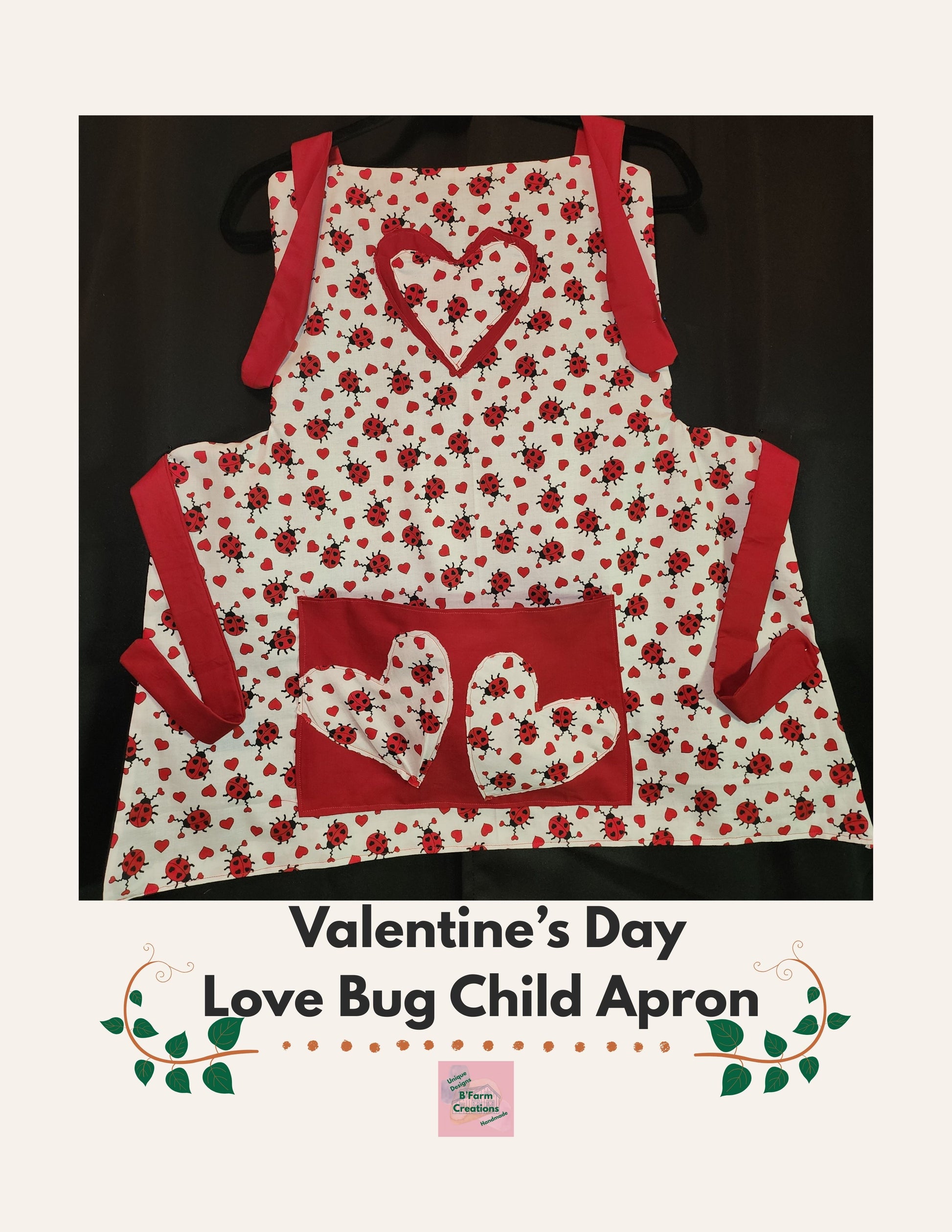Make Valentine’s Day extra sweet with our Love Bug Child Apron, thoughtfully handmade to match our coordinating adult apron for the perfect parent-and-child kitchen duo. Featuring an all-over ladybug and heart print with charming red accents, this apron is designed to bring fun, love, and creativity into every little helper’s cooking or crafting adventure.