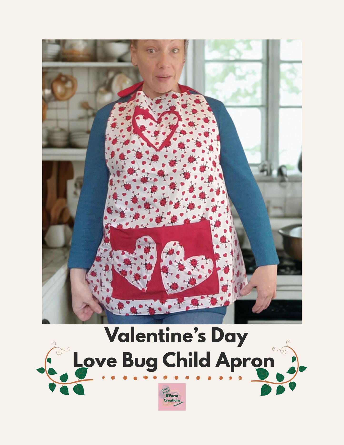 Make Valentine’s Day extra sweet with our Love Bug Child Apron, thoughtfully handmade to match our coordinating adult apron for the perfect parent-and-child kitchen duo. Featuring an all-over ladybug and heart print with charming red accents, this apron is designed to bring fun, love, and creativity into every little helper’s cooking or crafting adventure.