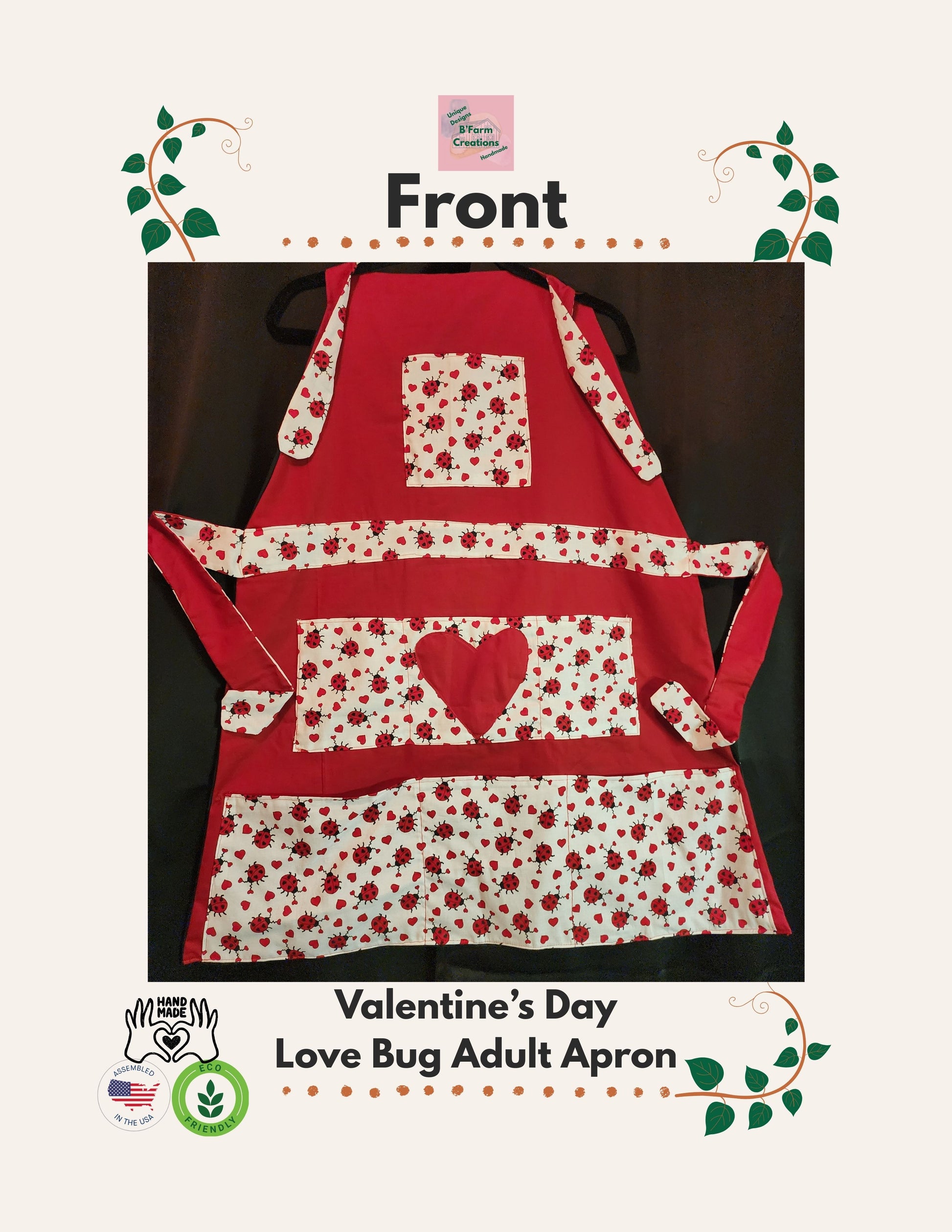 Celebrate love in the kitchen with our charming Love Bug adult apron! Handmade with care, this apron features a rich red base accented by an adorable ladybug-and-heart print that brings playful Valentine vibes to any bake day or dinner prep.