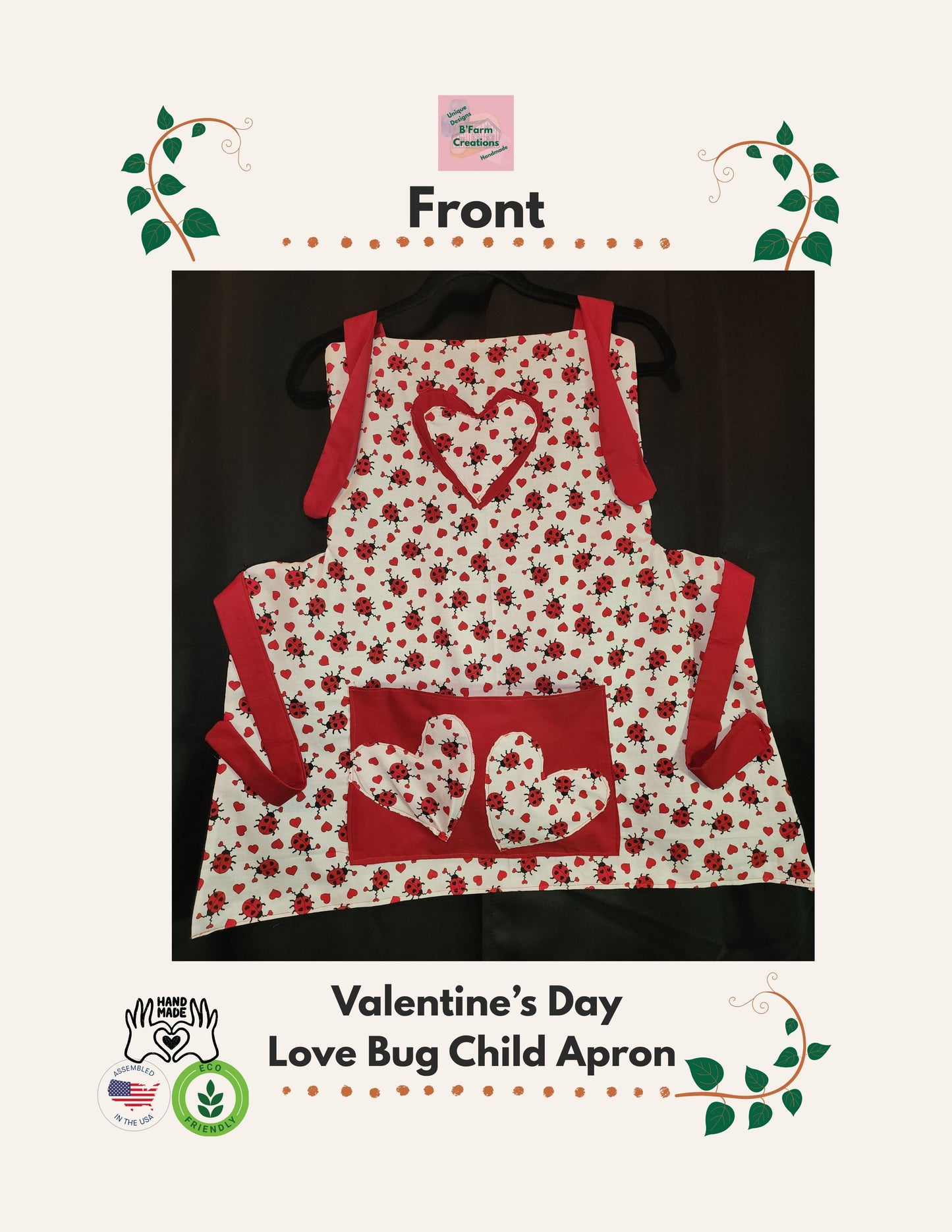 Make Valentine’s Day extra sweet with our Love Bug Child Apron, thoughtfully handmade to match our coordinating adult apron for the perfect parent-and-child kitchen duo. Featuring an all-over ladybug and heart print with charming red accents, this apron is designed to bring fun, love, and creativity into every little helper’s cooking or crafting adventure.