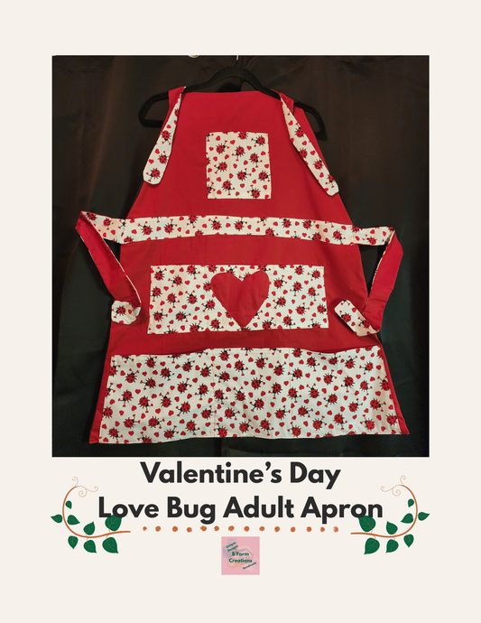 Celebrate love in the kitchen with our charming Love Bug adult apron! Handmade with care, this apron features a rich red base accented by an adorable ladybug-and-heart print that brings playful Valentine vibes to any bake day or dinner prep.