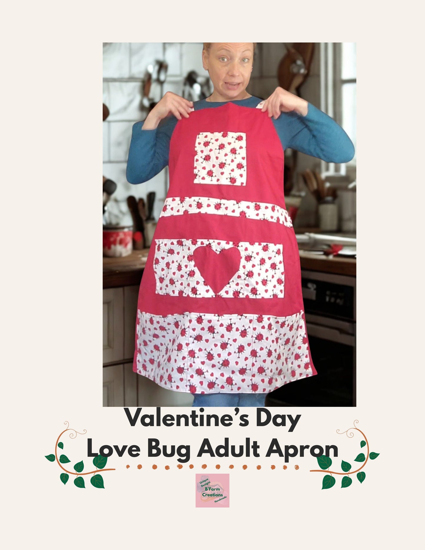 Celebrate this Valentine's Day with love in the kitchen in our charming Love Bug adult apron! Handmade with care, this apron features 7 pockets with a rich red base accented by an adorable ladybug-and-heart print that brings playful Valentine vibes to any bake day or dinner prep.
