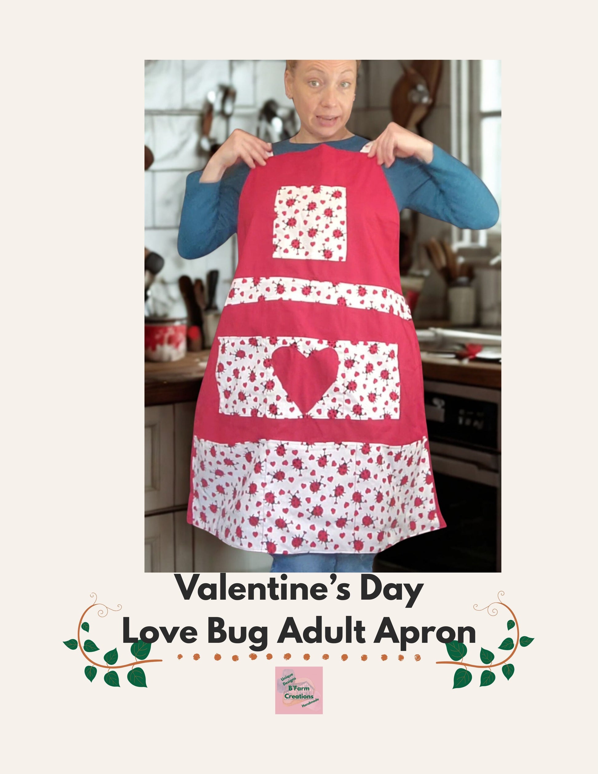 Celebrate this Valentine's Day with love in the kitchen in our charming Love Bug adult apron! Handmade with care, this apron features 7 pockets with a rich red base accented by an adorable ladybug-and-heart print that brings playful Valentine vibes to any bake day or dinner prep.