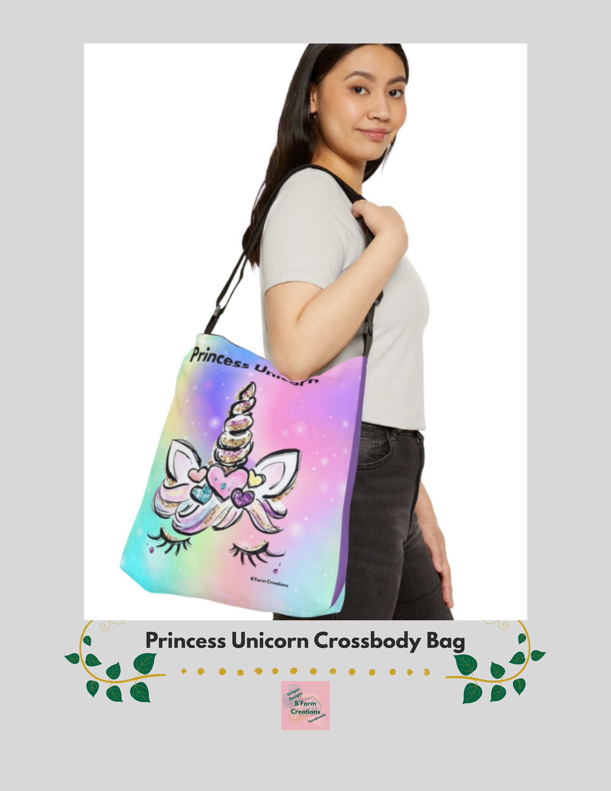 Step into a soft, dreamy world of pastel magic with this Princess Unicorn Crossbody Bag. Designed with a whimsical rainbow background and an adorable unicorn face, this bag brings a touch of sparkle and imagination to everyday life.