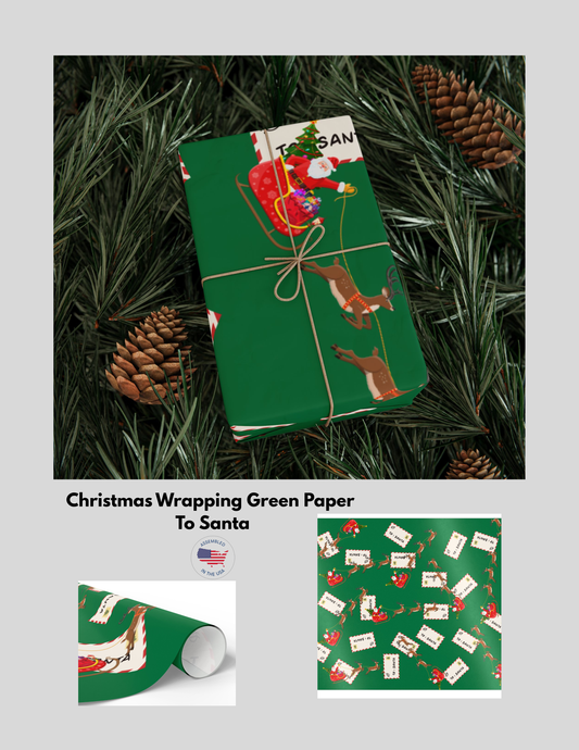 Add a nostalgic holiday touch to your gift wrapping with this charming "To Santa" wrapping paper! Featuring playful illustrations of Santa in his sleigh pulled by reindeer, surrounded by whimsical letter envelopes addressed to the North Pole, this design brings joy and magic to every gift. Perfect for Christmas presents, Santa letters, or festive holiday crafting!