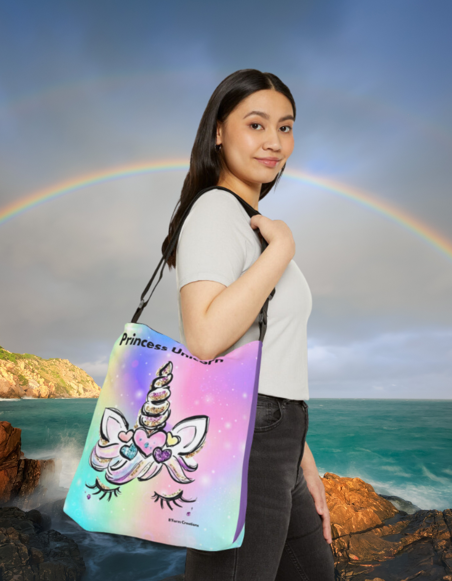 The Adjustable Tote Bag: Princess Unicorn is the perfect accessory for anyone who loves a touch of magic and whimsy in their style. With its vibrant colors and charming unicorn design, this tote bag is sure to make a statement wherever you go. 