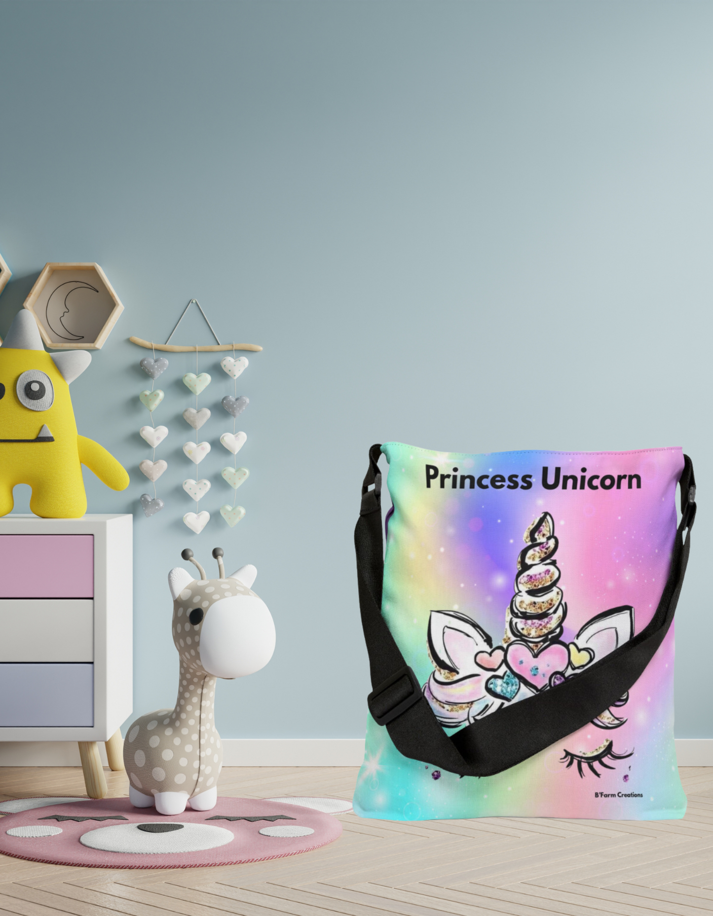 The Adjustable Tote Bag: Princess Unicorn is the perfect accessory for anyone who loves a touch of magic and whimsy in their style. With its vibrant colors and charming unicorn design, this tote bag is sure to make a statement wherever you go. 