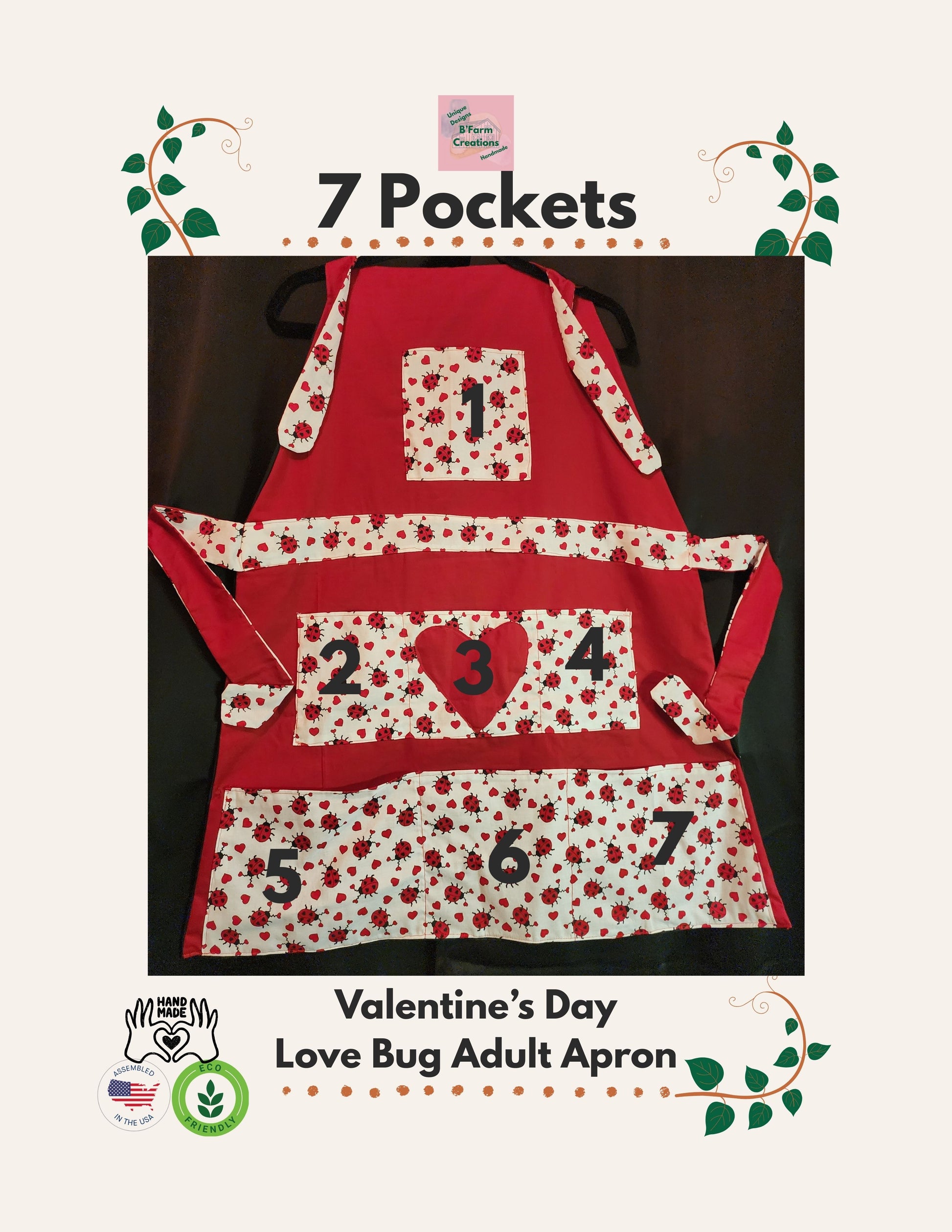 Celebrate love in the kitchen with our charming Love Bug adult apron! Handmade with care, this apron features a rich red base accented by an adorable ladybug-and-heart print that brings playful Valentine vibes to any bake day or dinner prep.
