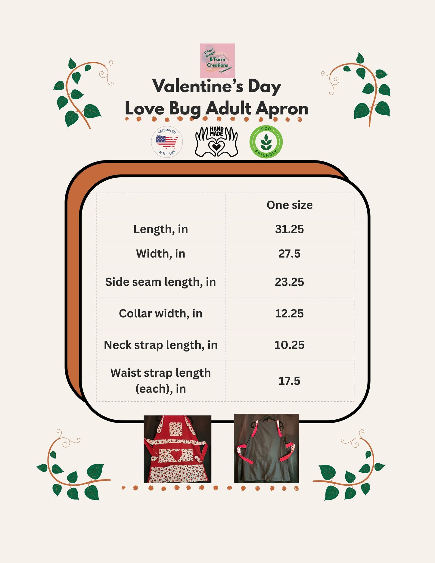 Celebrate love in the kitchen with our charming Love Bug adult apron! Handmade with care, this apron features a rich red base accented by an adorable ladybug-and-heart print that brings playful Valentine vibes to any bake day or dinner prep.