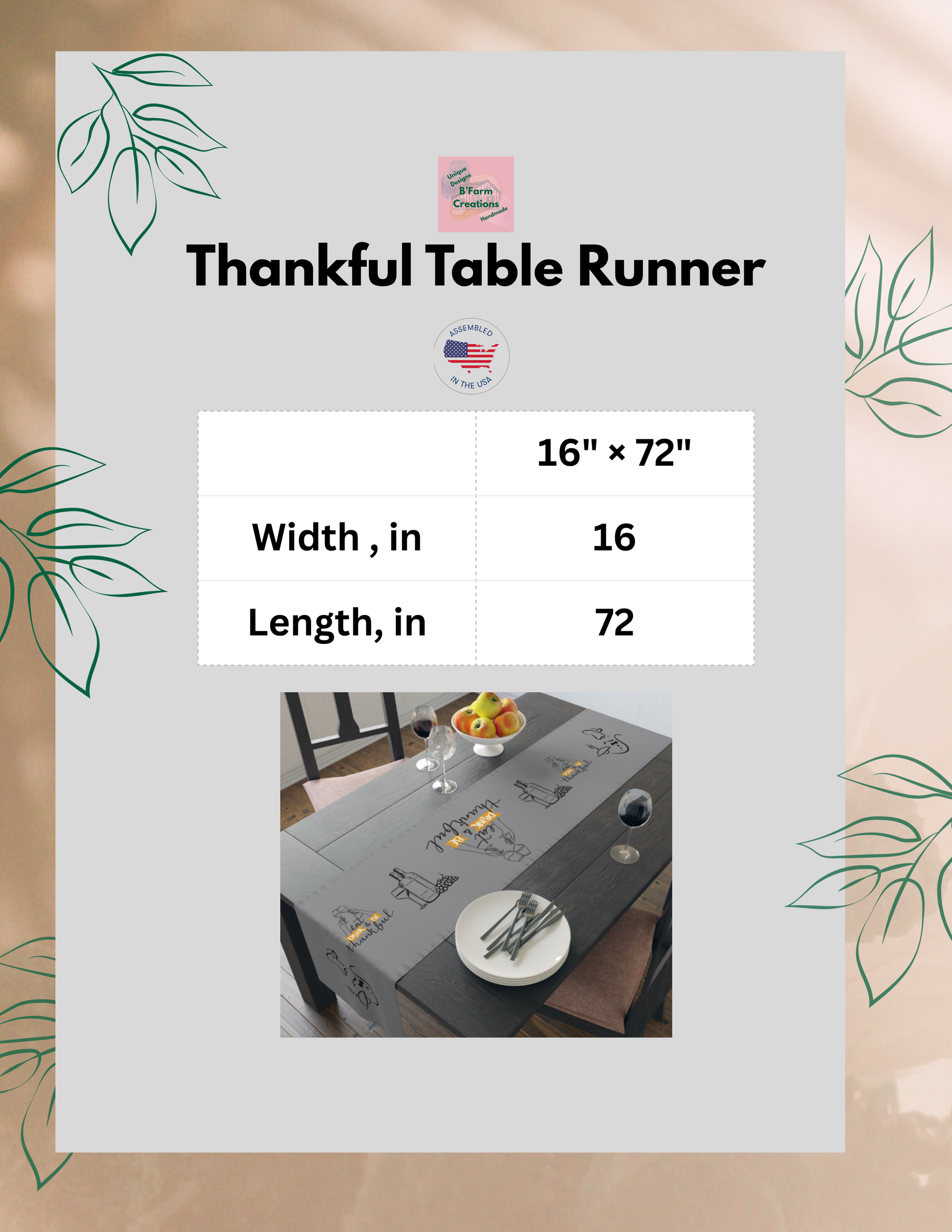 This Thankful Table Runner adds a warm and inviting touch to any dining table, perfect for Thanksgiving dinners, fall gatherings, or everyday use. The design exudes gratitude and coziness, fitting seamlessly into any rustic or farmhouse decor. Ideal for those who love to entertain and create a welcoming atmosphere for guests.