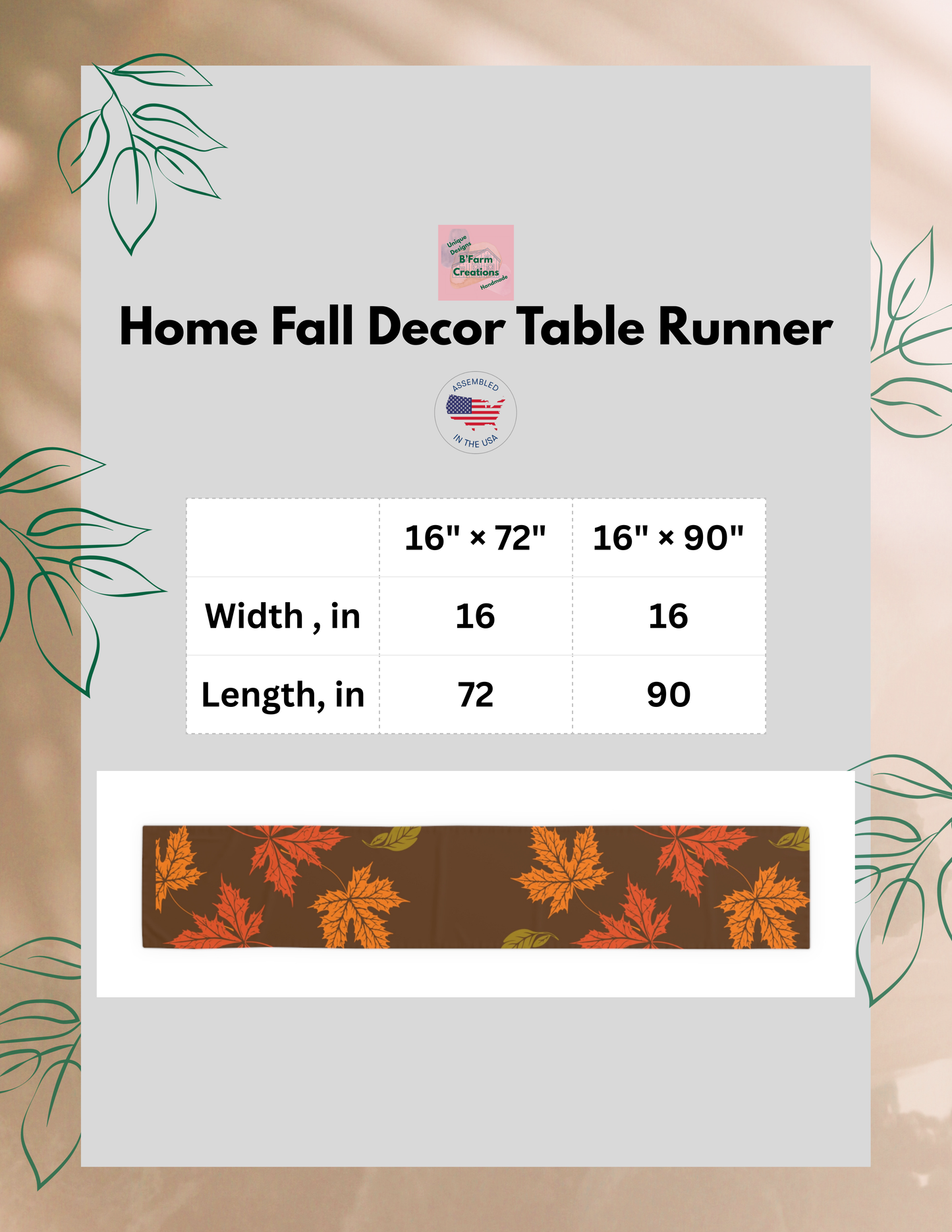 This Home Fall Decor Table Runner with fall leaves brings a cozy and festive vibe to your dining table during the autumn season. Perfect for Thanksgiving dinners, fall gatherings, and everyday use for those who love nature-inspired decor.