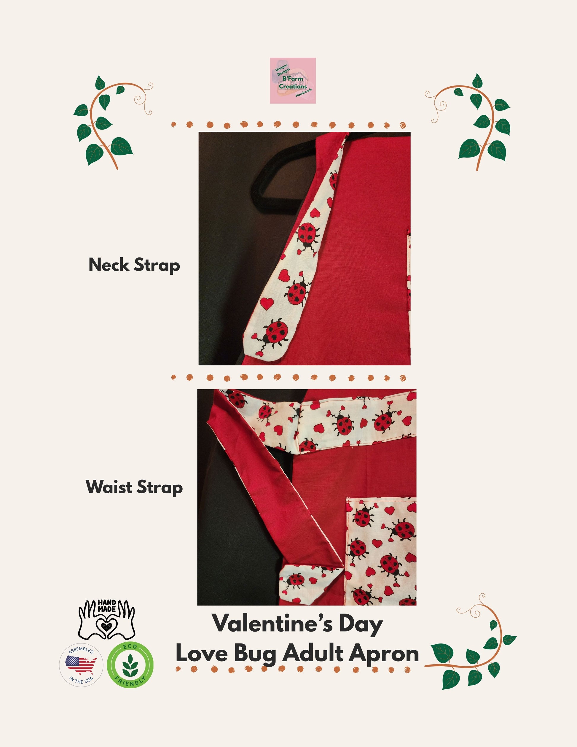 Celebrate love in the kitchen with our charming Love Bug adult apron! Handmade with care, this apron features a rich red base accented by an adorable ladybug-and-heart print that brings playful Valentine vibes to any bake day or dinner prep.