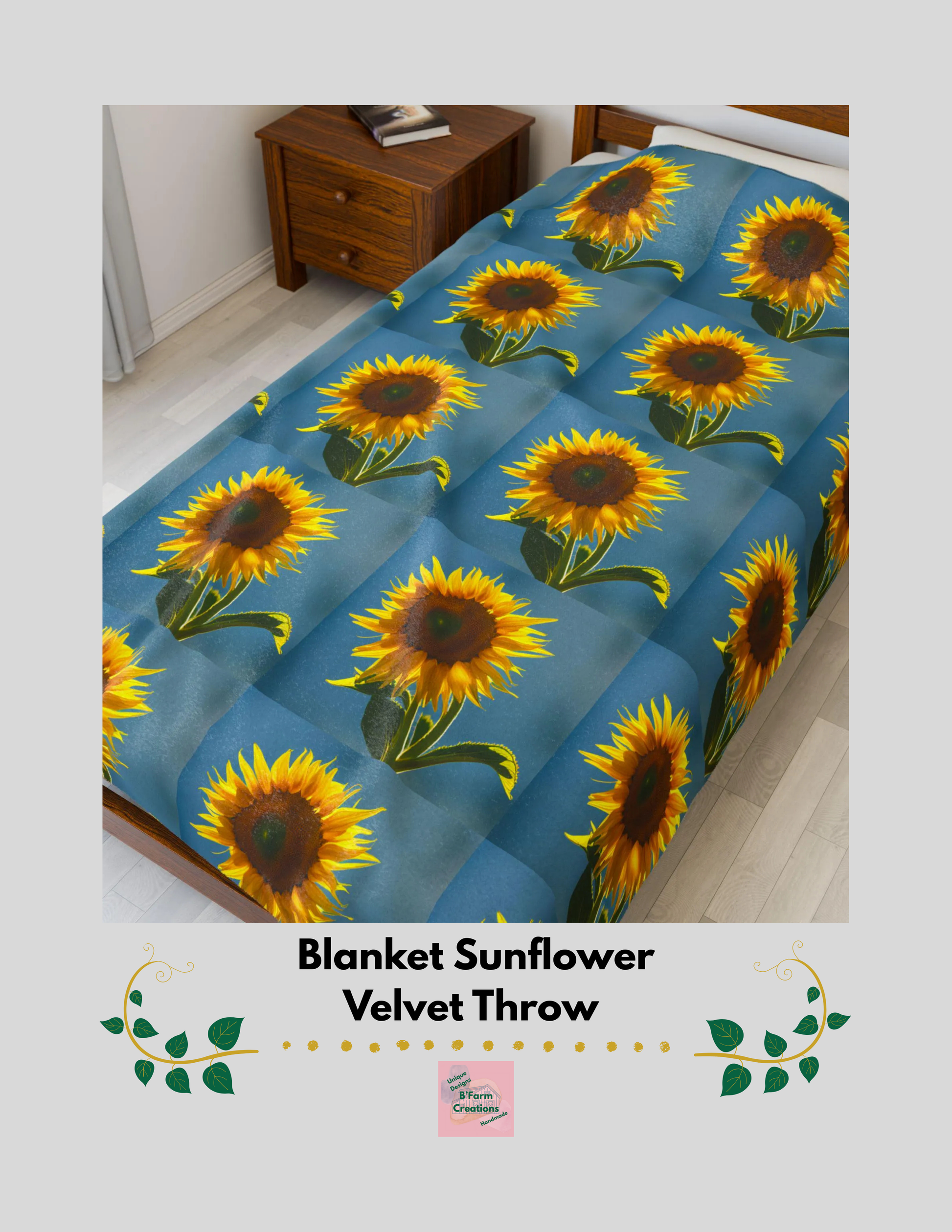 This sunflower velvet throw blanket wraps you in slow, golden afternoons. The plush velveteen face catches light like petals, while the vibrant sunflower print brings a quiet burst of warmth to couch corners, reading nooks, or a chilled evening on the porch. 