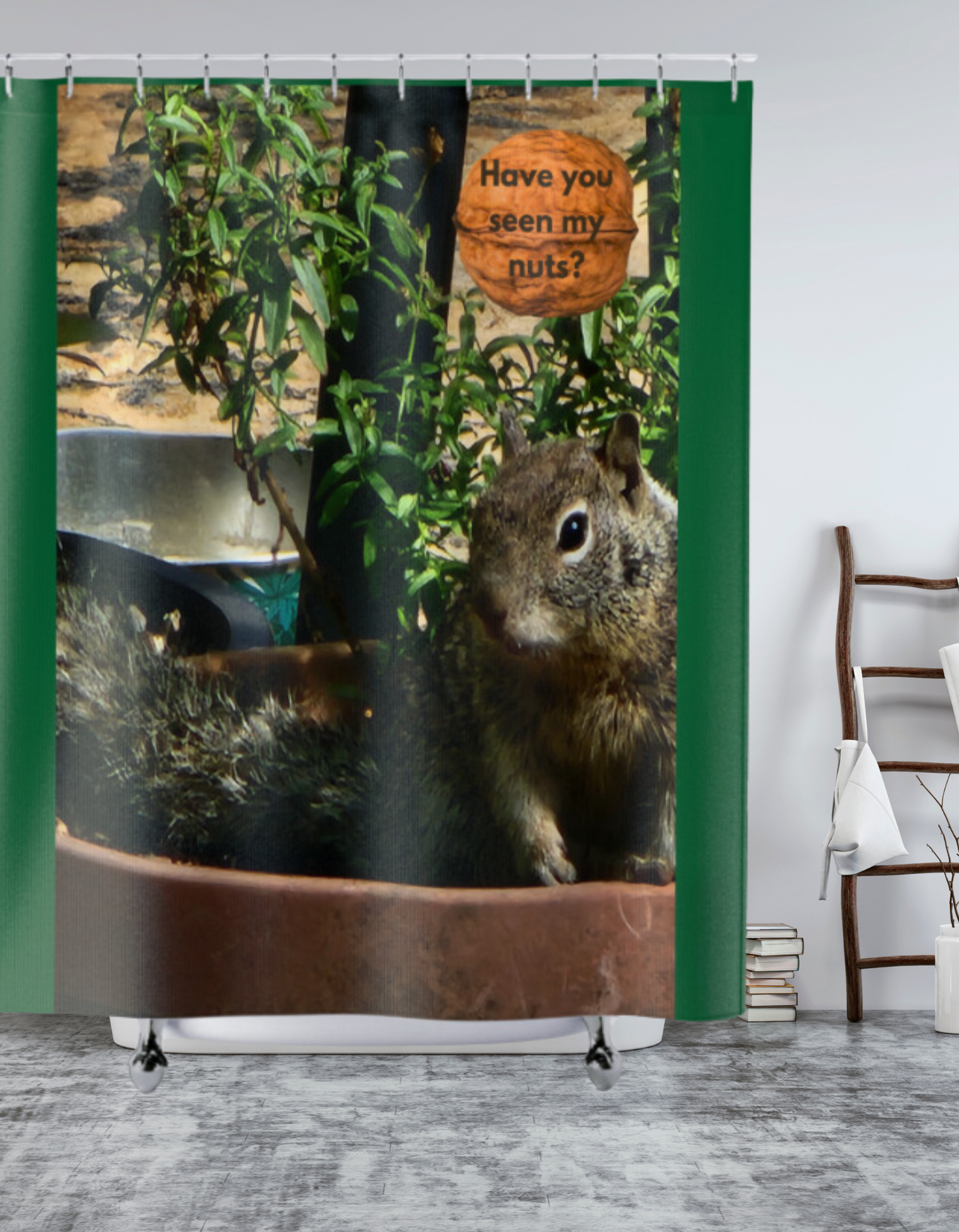 This whimsical shower curtain adds a touch of charm and humor to your bathroom decor. The playful squirrel asking, "Have you seen my nuts?" is sure to bring a smile to your face every time you step into the shower. 