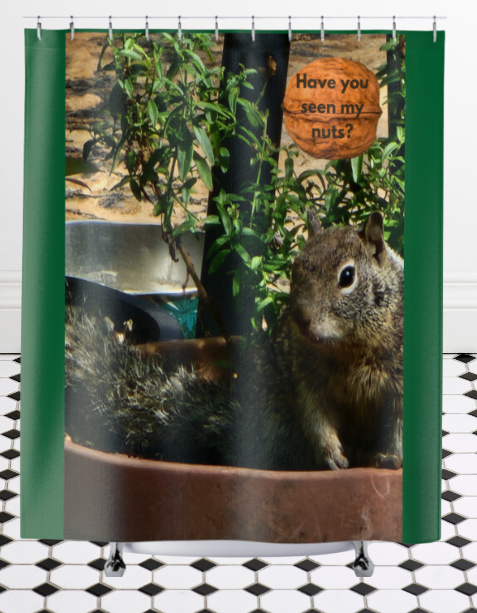 This whimsical shower curtain adds a touch of charm and humor to your bathroom decor. The playful squirrel asking, "Have you seen my nuts?" is sure to bring a smile to your face every time you step into the shower. 