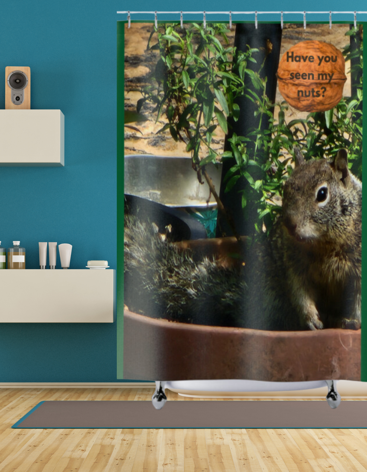 This whimsical shower curtain adds a touch of charm and humor to your bathroom decor. The playful squirrel asking, "Have you seen my nuts?" is sure to bring a smile to your face every time you step into the shower. 