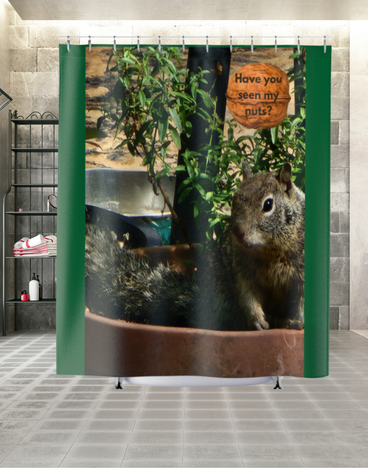 This whimsical shower curtain adds a touch of charm and humor to your bathroom decor. The playful squirrel asking, "Have you seen my nuts?" is sure to bring a smile to your face every time you step into the shower. 